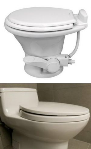 RV Toilets - the conventional RV toilet comes in either plastic or porcelain and is the most similar to a regular toilet.
